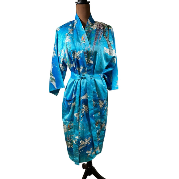 Women's Blue and White Floral Kimono Robe, One Size - Picture 2 of 5